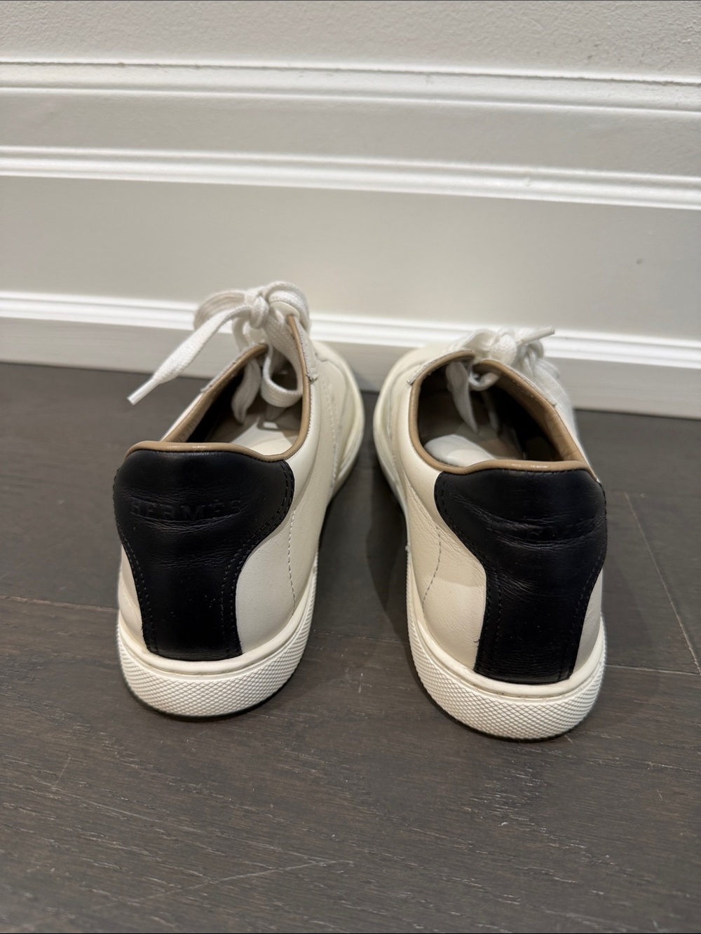 Hermes White Leather Sneakers with Leopard Motif and Black Heel - Picture 2 of 9